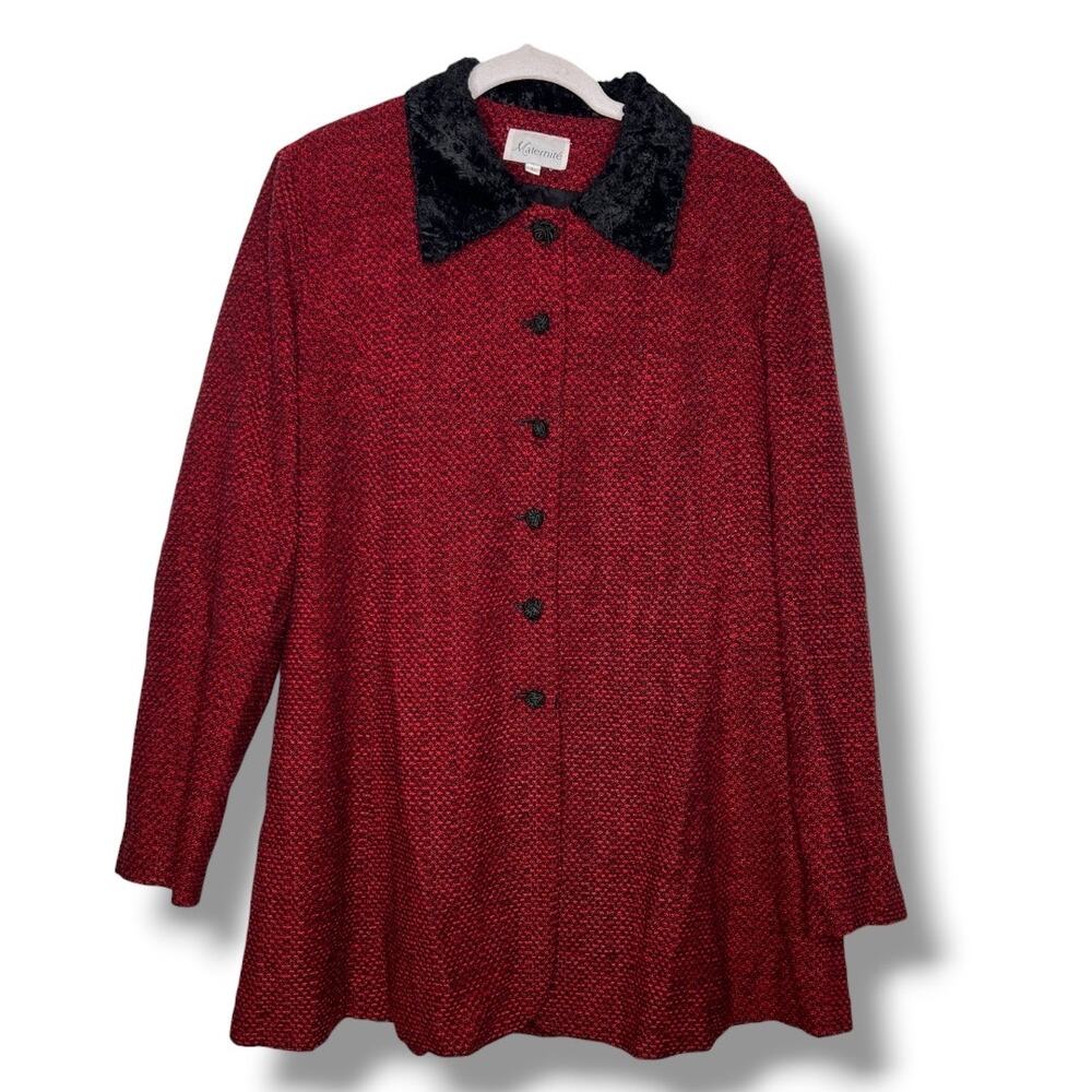 Vintage Maternite Retro 60s Red Black Swing Coat Faux Fur Trim Large